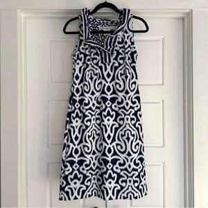 Gretchen Scott Ruffle Neck Navy White Ikat Sleeveless Sheath Dress - Medium